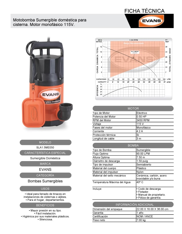FICHA-TECNICA-Electrobomba Sumergible Aguas Limpias 1/2HP 110V Evans SLA1.5ME050