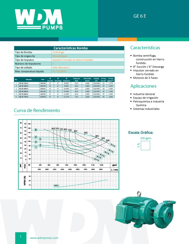 FICHA-TECNICA Bomba Con Motor Eléctrico 25Hp 220/440V 8" X 6" Barnes 1B0090 GE-6E-250-4