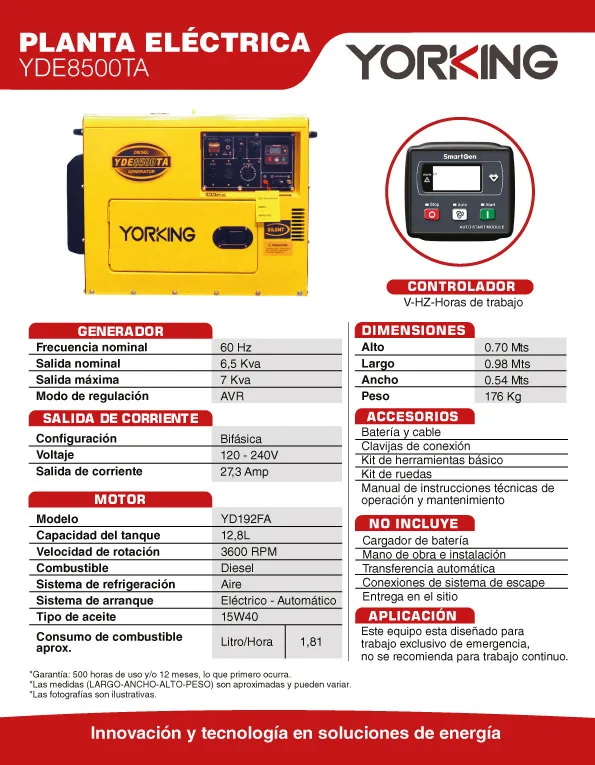 FICHA-TECNICA Planta Eléctrica Diesel 7Kva Bifásica Yorking YDE8500TA