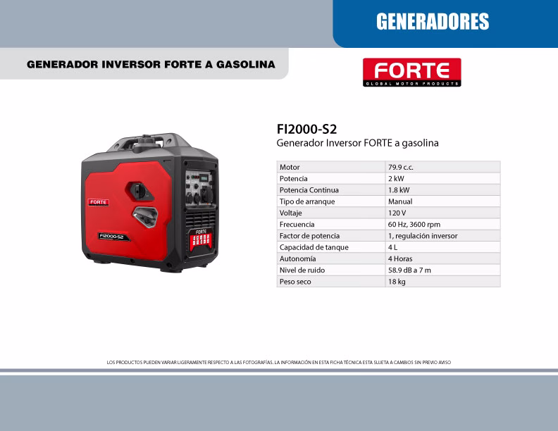 Ficha Tecnica Planta Eléctrica Inverter 2kW silenciosa FORTE FI2000-S2