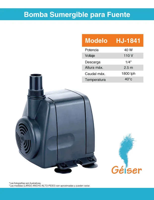 FICHA-TECNICA-Electrobomba Sumergible 40W Multifuncional Géiser HJ-1841Electrobomba Sumergible 40W Multifuncional Géiser HJ-1841